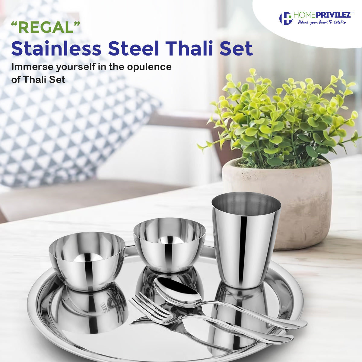 “Regal” Stainless Steel Thali /Dinner Set of 8 pcs (Gold, Steel & Rose gold)
